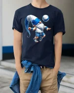 Funny Soccer Gnome T-Shirt Cute Fantasy Football Player Tee - model wearing navy tee with hands in pockets