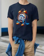 Exhausted Alarm Clock T-Shirt Funny Time Cartoon Tee - model wearing navy tee with hands in pockets