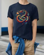 Fantasy Dragon T-Shirt Colorful Mythical Beast Graphic Tee - model wearing navy tee with hands in pockets
