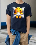 Sleepy Smiling Emoji T-Shirt Cozy Pillow Cute Tee - model wearing navy tee with hands in pockets