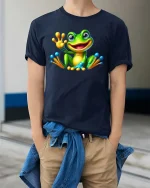 Adorable Frog T-Shirt Cartoon Smiling Amphibian Tee - model wearing navy tee with hands in pockets