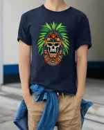 Aztec Skull T-Shirt Tribal Warrior Headdress Graphic Tee - model wearing navy tee with hands in pockets