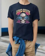 ADHD Brain Skull T-Shirt Funny Neurodivergent Graphic Tee - model wearing navy tee with hands in pockets