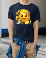 Cute Tea Lover Emoji T-Shirt Lemon Smile Cozy Tee - model wearing navy tee with hands in pockets