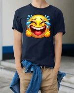 Laughing Cry Emoji T-Shirt Funny Face Tears of Joy Tee - model wearing navy tee with hands in pockets