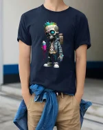 Funny Graffiti Skull T-Shirt Street Art Skeleton Spray Tee - model wearing navy tee with hands in pockets