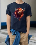 Charging Bull T-Shirt Angry Bull Power Animal Graphic Tee - model wearing navy tee with hands in pockets