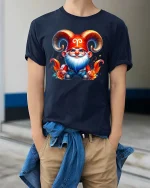Aries Gnome T-Shirt Cute Zodiac Ram Horn Fantasy Tee - model wearing navy tee with hands in pockets