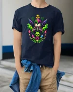 Punk Skull Gas Mask T-Shirt Neon Toxic Street Art Tee - model wearing navy tee with hands in pockets