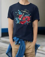 Anchor Rose T-Shirt Nautical Floral Tattoo Style Tee - model wearing navy tee with hands in pockets