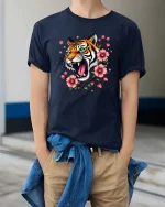 Roaring Tiger Floral T-Shirt Bold Wild Cat Blossom Tee - model wearing navy tee with hands in pockets