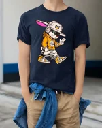 Cool Cat Streetwear T-Shirt Hip Hop Cartoon Kitty Tee - model wearing navy tee with hands in pockets