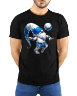 Funny Soccer Gnome T-Shirt Cute Fantasy Football Player Tee - model wearing black tee with hands behind back