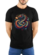 Fantasy Dragon T-Shirt Colorful Mythical Beast Graphic Tee - model wearing black tee with hands behind back