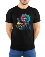 Gothic Punk Skeleton T-Shirt Neon Skull Lantern Graphic Tee - model wearing black tee with hands behind back