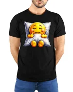 Sleepy Smiling Emoji T-Shirt Cozy Pillow Cute Tee - model wearing black tee with hands behind back