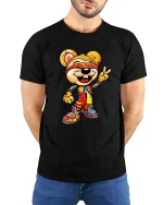 Cool Cartoon Mouse T-Shirt Peace Sign Streetwear Tee - model wearing black tee with hands behind back