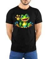 Adorable Frog T-Shirt Cartoon Smiling Amphibian Tee - model wearing black tee with hands behind back