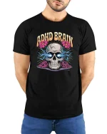 ADHD Brain Skull T-Shirt Funny Neurodivergent Graphic Tee - model wearing black tee with hands behind back