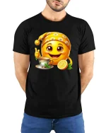 Cute Tea Lover Emoji T-Shirt Lemon Smile Cozy Tee - model wearing black tee with hands behind back