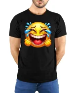Laughing Cry Emoji T-Shirt Funny Face Tears of Joy Tee - model wearing black tee with hands behind back