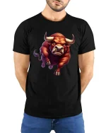 Charging Bull T-Shirt Angry Bull Power Animal Graphic Tee - model wearing black tee with hands behind back