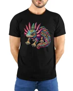 Colorful Axolotl T-Shirt Psychedelic Cute Salamander Tee - model wearing black tee with hands behind back