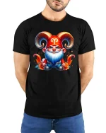Aries Gnome T-Shirt Cute Zodiac Ram Horn Fantasy Tee - model wearing black tee with hands behind back