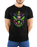 Punk Skull Gas Mask T-Shirt Neon Toxic Street Art Tee - model wearing black tee with hands behind back