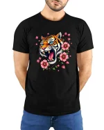 Roaring Tiger Floral T-Shirt Bold Wild Cat Blossom Tee - model wearing black tee with hands behind back