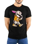 Cool Cat Streetwear T-Shirt Hip Hop Cartoon Kitty Tee - model wearing black tee with hands behind back