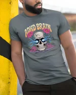 ADHD Brain Skull T-Shirt Funny Neurodivergent Graphic Tee - model wearing grey tee, leaning on column