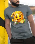 Cute Tea Lover Emoji T-Shirt Lemon Smile Cozy Tee - model wearing grey tee, leaning on column