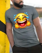 Laughing Cry Emoji T-Shirt Funny Face Tears of Joy Tee - model wearing grey tee, leaning on column