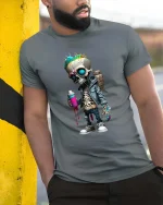 Funny Graffiti Skull T-Shirt Street Art Skeleton Spray Tee - model wearing grey tee, leaning on column