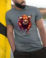 Charging Bull T-Shirt Angry Bull Power Animal Graphic Tee - model wearing grey tee, leaning on column