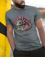 Colorful Axolotl T-Shirt Psychedelic Cute Salamander Tee - model wearing grey tee, leaning on column