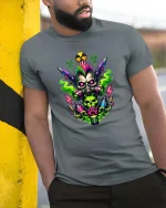 Punk Skull Gas Mask T-Shirt Neon Toxic Street Art Tee - model wearing grey tee, leaning on column