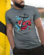 Anchor Rose T-Shirt Nautical Floral Tattoo Style Tee - model wearing grey tee, leaning on column