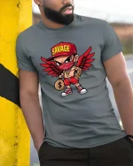 Savage Streetwear T-Shirt Urban Angel Money Cartoon Tee - model wearing grey tee, leaning on column