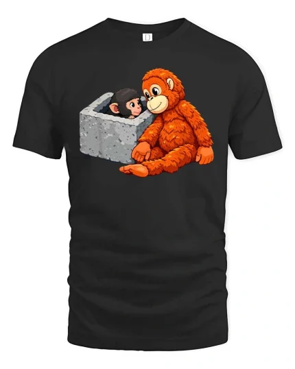 Cute Monkey Rescue Moment Cartoon Animal Love T Shirt - black t-shirt on white background