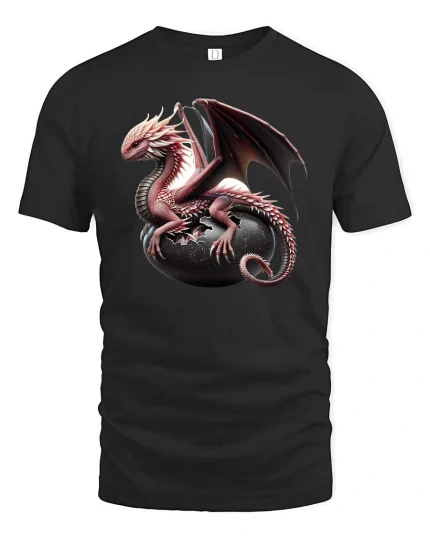 Fantasy Dragon Hatching Egg Graphic T Shirt Mythical Creature Art - black t-shirt on white background