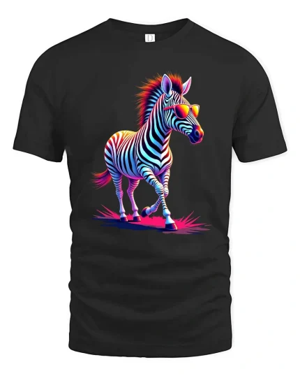 Cool Neon Zebra With Sunglasses Graphic T Shirt Retro Style - black t-shirt on white background