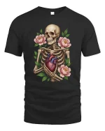 Skeleton Holding Heart With Flowers Graphic T Shirt Gothic Art - black t-shirt on white background
