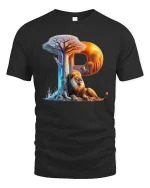 Letter P Lion Tree Nature Scene Graphic T Shirt Artistic Style - black t-shirt on white background