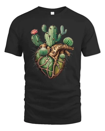 Cactus Heart Anatomy Graphic T Shirt Desert Nature Artistic Style - black t-shirt on white background