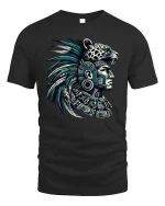Aztec Warrior Jaguar Headdress Graphic T Shirt Tribal Art Style - black t-shirt on white background