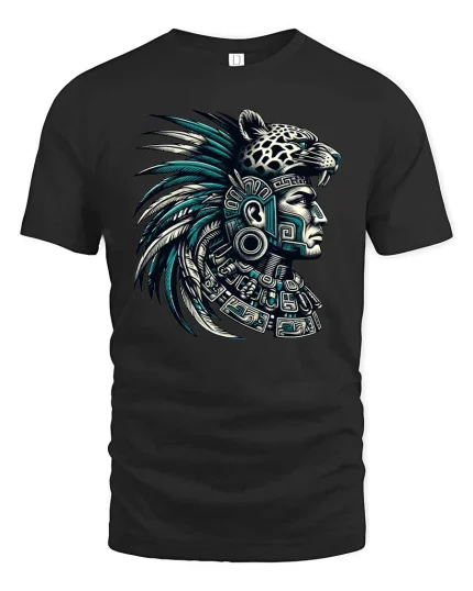 Aztec Warrior Jaguar Headdress Graphic T Shirt Tribal Art Style - black t-shirt on white background