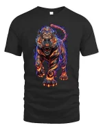 Fiery Tiger Neon Flame Graphic T Shirt Powerful Wild Energy Art - black t-shirt on white background