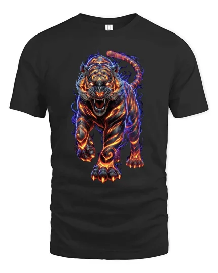 Fiery Tiger Neon Flame Graphic T Shirt Powerful Wild Energy Art - black t-shirt on white background